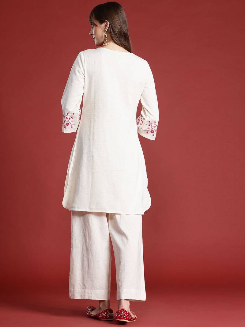 Floral Embroidered Thread Work Pure Cotton Kurta with Palazzos