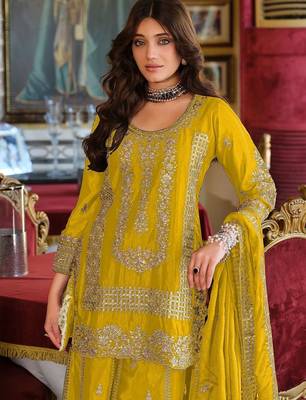 Women Ethnic Motifs Embroidered Kurta with Sharara & With Dupatta 4