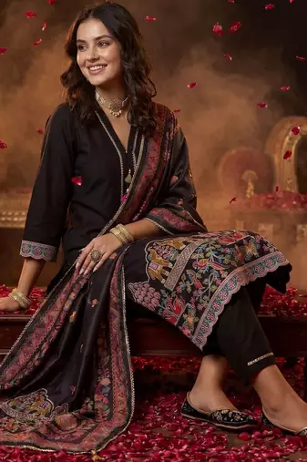 Women Ethnic Motifs Embroidered Regular Thread Work Kurta with Trousers & With Dupatta