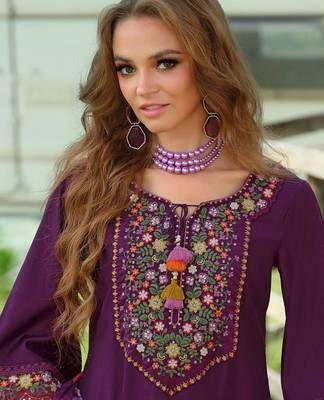 Floral Yoke Design Tie-Up Neck Thread Work A-Line Kurta & Trousers With Dupatta 3