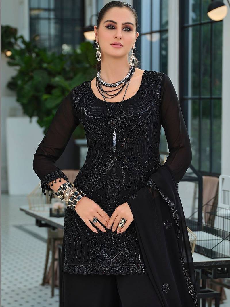 Women Ethnic Motifs Embroidered Regular Sequinned Kurta with Palazzos & With Dupatta