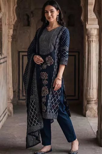 Women Ethnic Motifs Printed Regular Pure Cotton Kurta with Trousers & With Dupatta