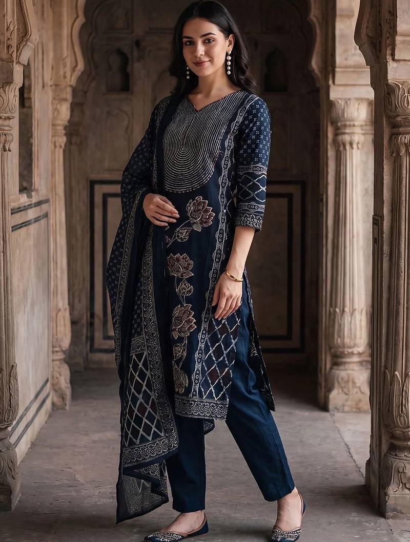Women Ethnic Motifs Printed Regular Pure Cotton Kurta with Trousers & With Dupatta