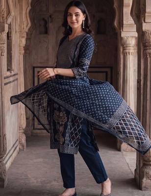 Women Ethnic Motifs Printed Regular Pure Cotton Kurta with Trousers & With Dupatta 5