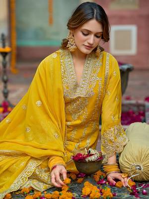 Floral Embroidered V-Neck Zari Organza Kurta With Trousers And Dupatta 2