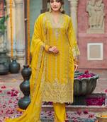 Floral Embroidered V-Neck Zari Organza Kurta With Trousers And Dupatta