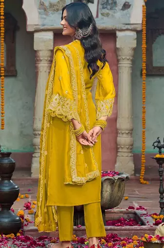 Floral Embroidered V-Neck Zari Organza Kurta With Trousers And Dupatta