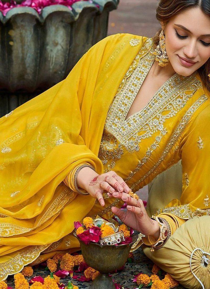Floral Embroidered V-Neck Zari Organza Kurta With Trousers And Dupatta