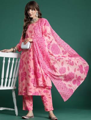 Floral Printed Pure Cotton Kurta with Trousers & With Dupatta 1