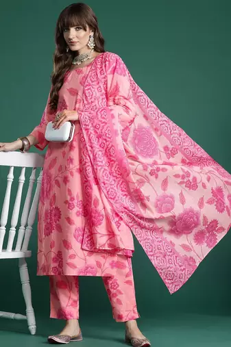 Floral Printed Pure Cotton Kurta with Trousers & With Dupatta