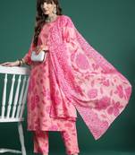 Floral Printed Pure Cotton Kurta with Trousers & With Dupatta