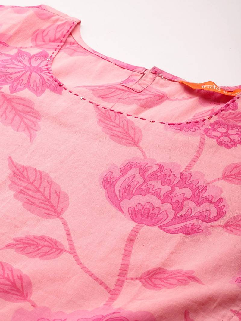 Floral Printed Pure Cotton Kurta with Trousers & With Dupatta