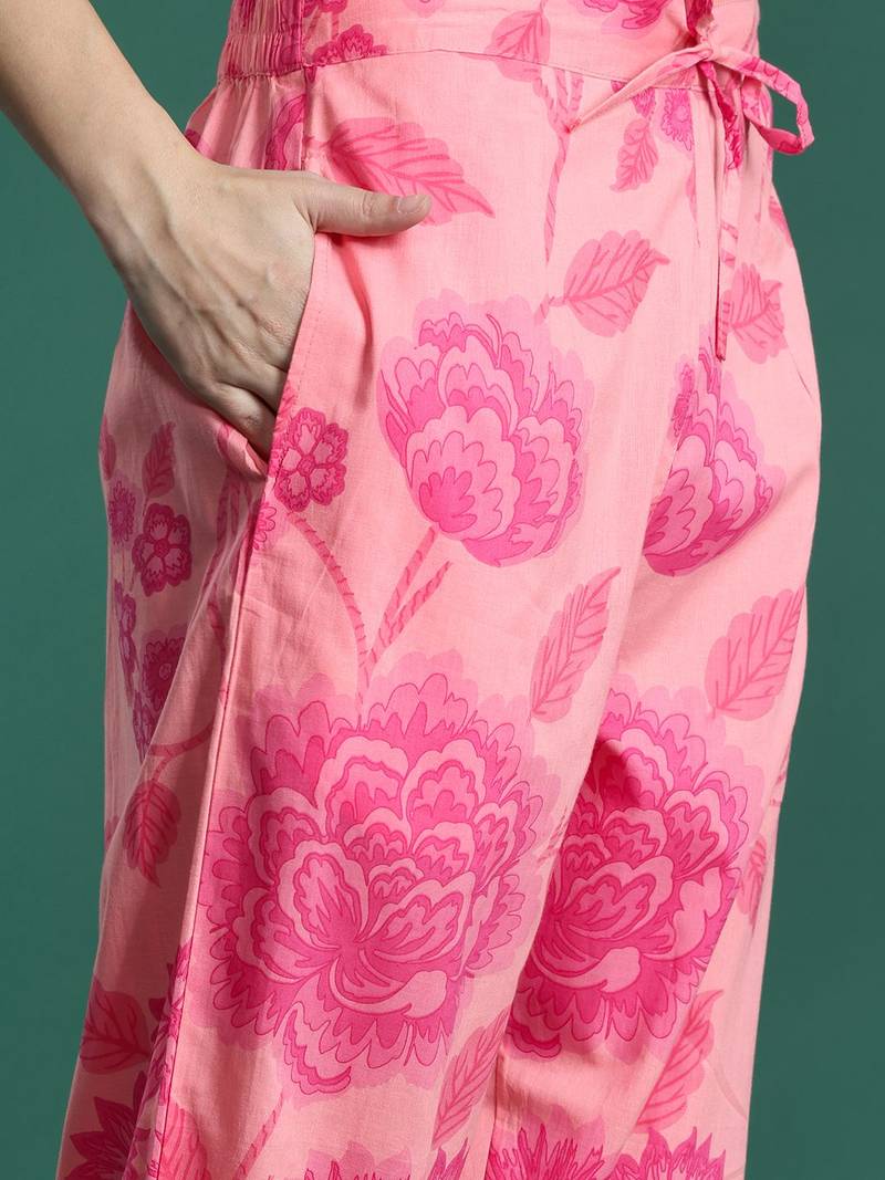 Floral Printed Pure Cotton Kurta with Trousers & With Dupatta
