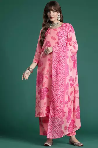 Floral Printed Pure Cotton Kurta with Trousers & With Dupatta