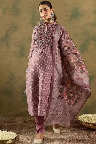 Floral Printed Thread Work Chanderi Silk Straight Kurta with Trouser & Dupatta
