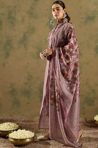Floral Printed Thread Work Chanderi Silk Straight Kurta with Trouser & Dupatta