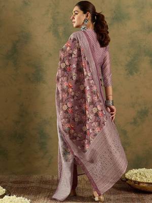Floral Printed Thread Work Chanderi Silk Straight Kurta with Trouser & Dupatta 5