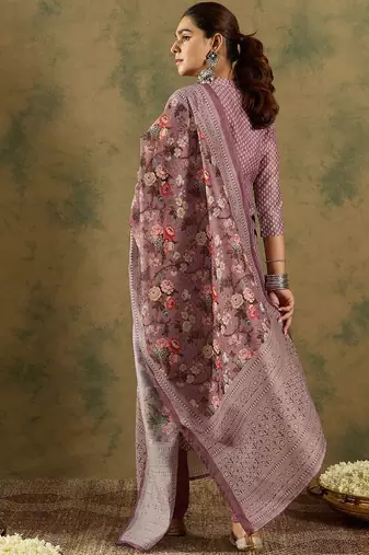 Floral Printed Thread Work Chanderi Silk Straight Kurta with Trouser & Dupatta