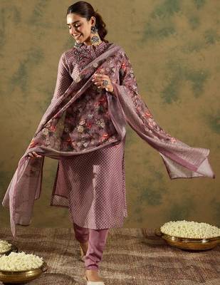 Floral Printed Thread Work Chanderi Silk Straight Kurta with Trouser & Dupatta 6