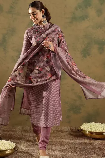 Floral Printed Thread Work Chanderi Silk Straight Kurta with Trouser & Dupatta