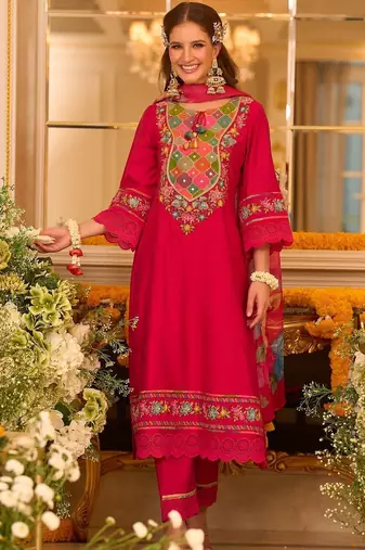 Floral Embroidered Thread Work A-Line Kurta With Trousers & Dupatta