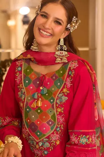Floral Embroidered Thread Work A-Line Kurta With Trousers & Dupatta
