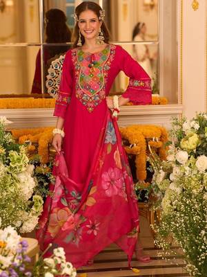 Floral Embroidered Thread Work A-Line Kurta With Trousers & Dupatta 5