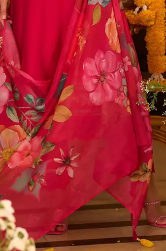 Floral Embroidered Thread Work A-Line Kurta With Trousers & Dupatta