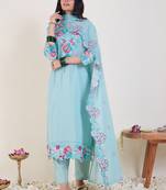 Floral Embroidered Thread Work Pure Cotton Straight Kurta & Trousers With Dupatta