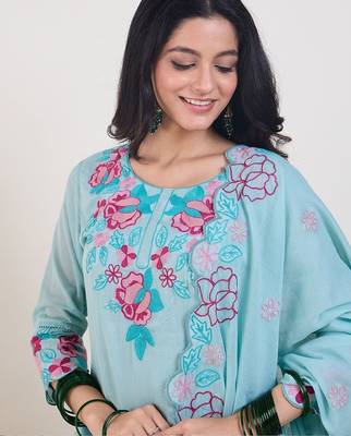 Floral Embroidered Thread Work Pure Cotton Straight Kurta & Trousers With Dupatta 2
