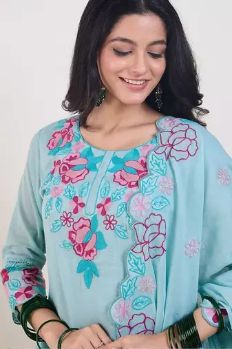 Floral Embroidered Thread Work Pure Cotton Straight Kurta & Trousers With Dupatta