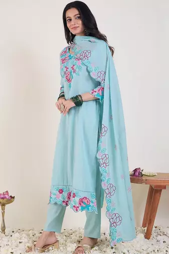 Floral Embroidered Thread Work Pure Cotton Straight Kurta & Trousers With Dupatta