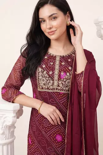 Women Bandhani Printed Regular Thread Work Kurta with Trousers & With Dupatta