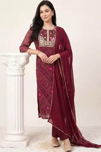 Women Bandhani Printed Regular Thread Work Kurta with Trousers & With Dupatta