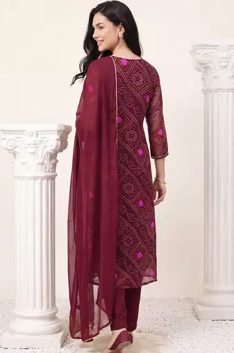 Women Bandhani Printed Regular Thread Work Kurta with Trousers & With Dupatta