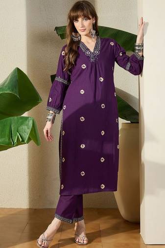 Women Ethnic Motifs Printed Regular Thread Work Pure Cotton Kurta with Trousers