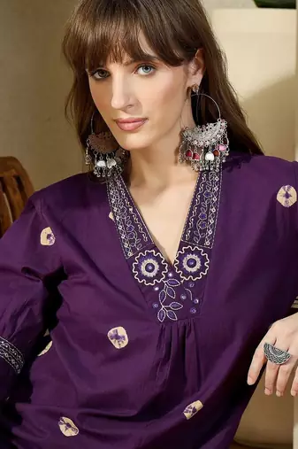 Women Ethnic Motifs Printed Regular Thread Work Pure Cotton Kurta with Trousers