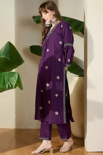 Women Ethnic Motifs Printed Regular Thread Work Pure Cotton Kurta with Trousers