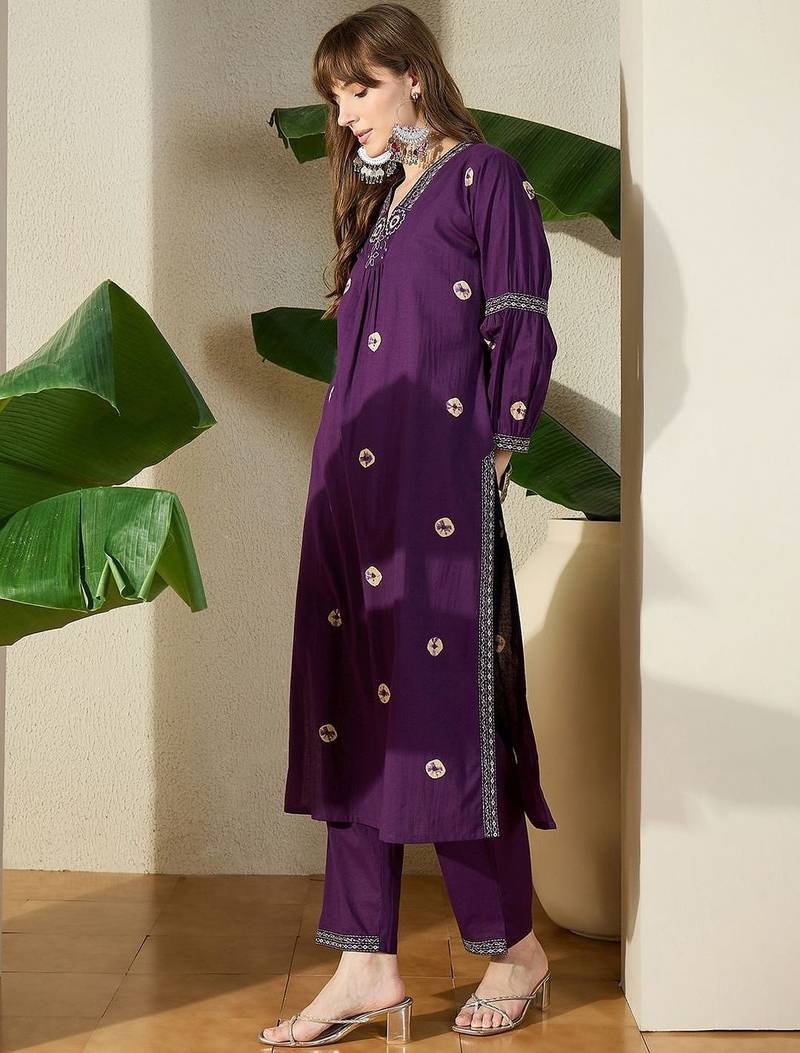 Women Ethnic Motifs Printed Regular Thread Work Pure Cotton Kurta with Trousers