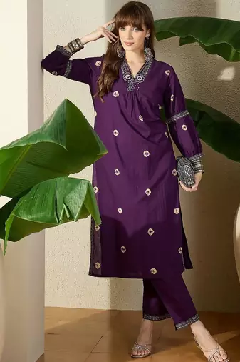 Women Ethnic Motifs Printed Regular Thread Work Pure Cotton Kurta with Trousers