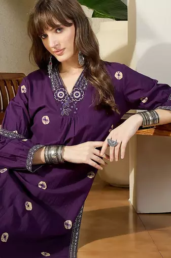 Women Ethnic Motifs Printed Regular Thread Work Pure Cotton Kurta with Trousers