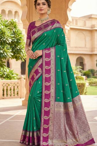 sea green soft silk blend saree with zari weaving design with contrast blouse
