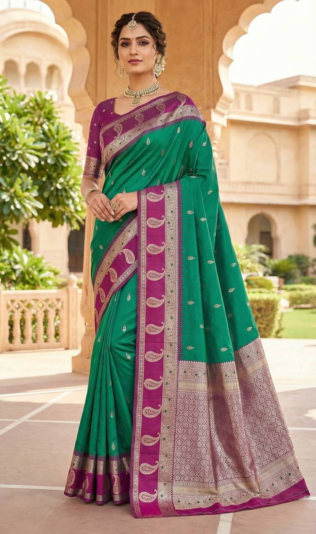 Sea green soft banarasi silk saree with zari weaving  design with contrast blouse