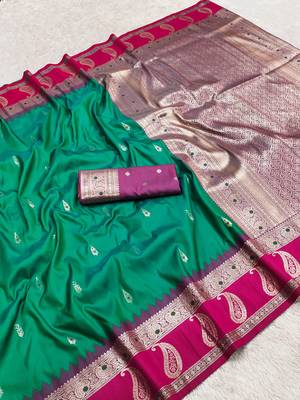 Sea green soft banarasi silk saree with zari weaving  design with contrast blouse 2
