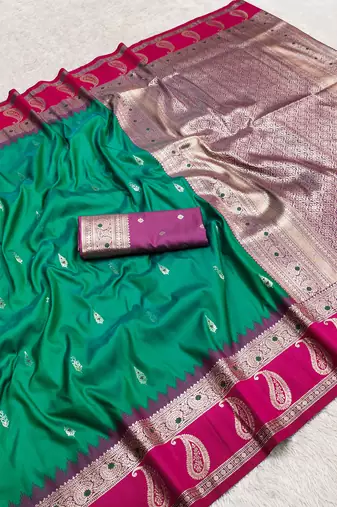 sea green soft silk blend saree with zari weaving design with contrast blouse