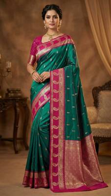 Teal  soft banarasi silk saree with zari weaving  design with contrast blouse 1