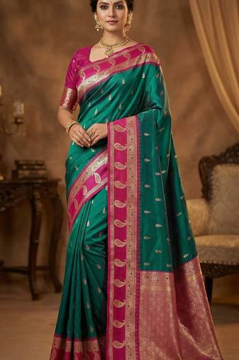 teal soft silk blend saree with zari weaving design with contrast blouse