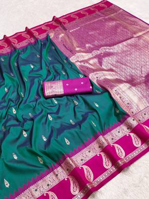 Teal  soft banarasi silk saree with zari weaving  design with contrast blouse 2