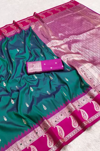 teal soft silk blend saree with zari weaving design with contrast blouse