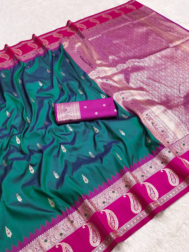 Teal  soft banarasi silk saree with zari weaving  design with contrast blouse